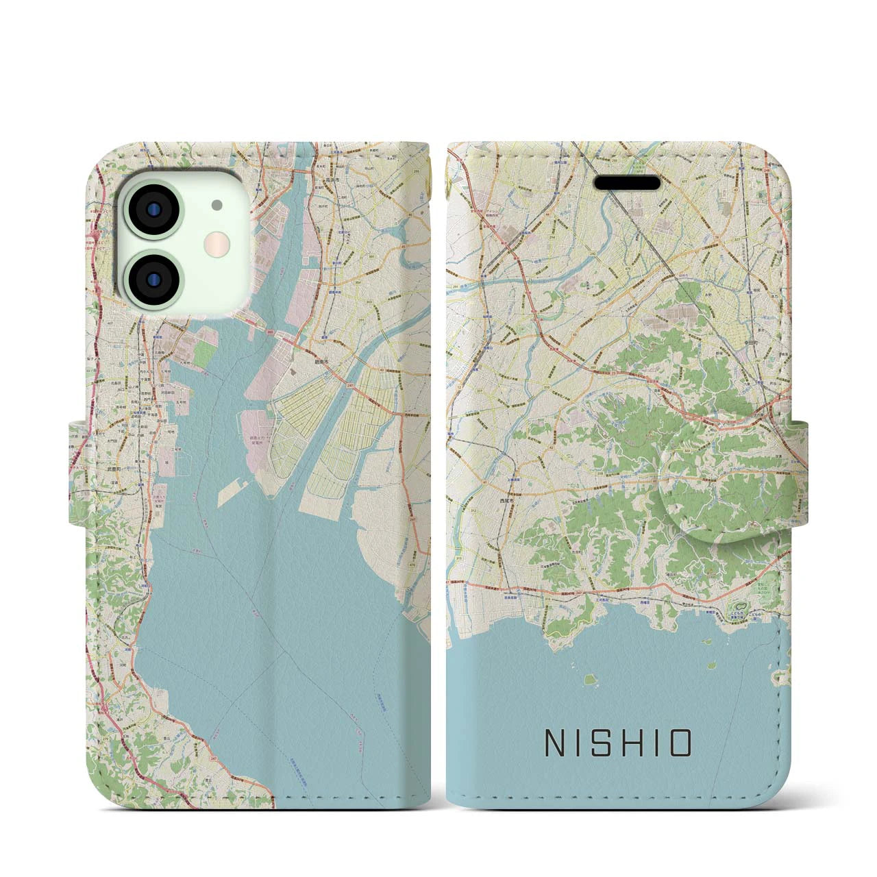 【西尾2(愛知県)】地図柄iPhoneケース(手帳タイプ)ナチュラル・iPhone 12 mini 用