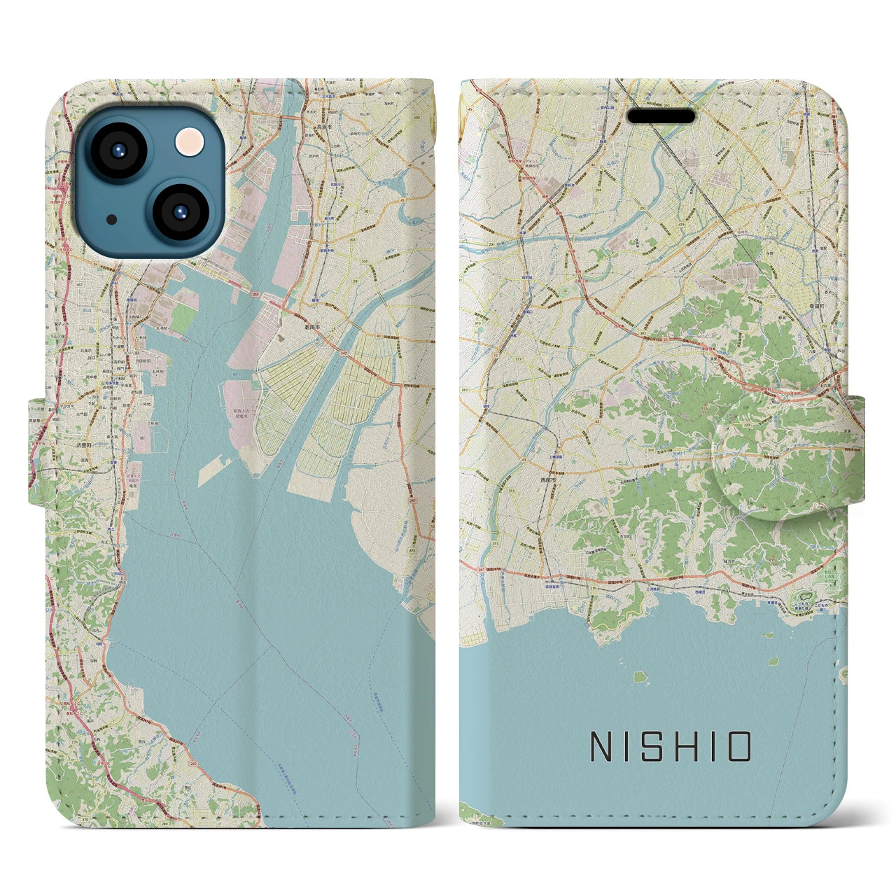 【西尾2(愛知県)】地図柄iPhoneケース(手帳タイプ)ナチュラル・iPhone 13 用