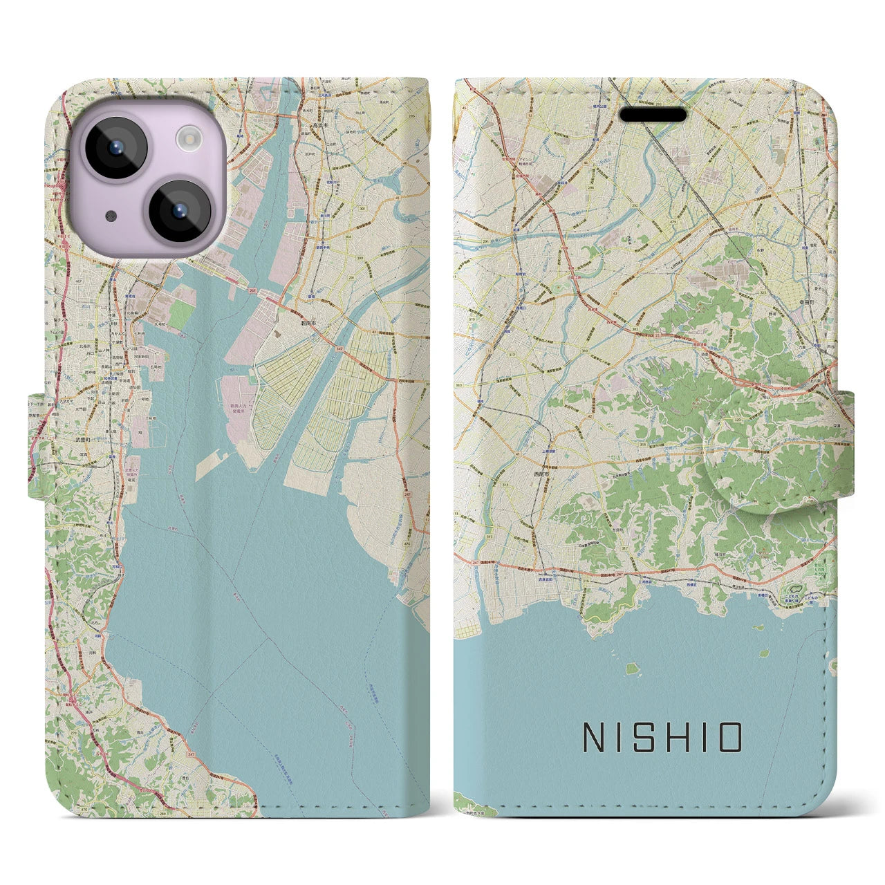 【西尾2(愛知県)】地図柄iPhoneケース(手帳タイプ)ナチュラル・iPhone 14 用