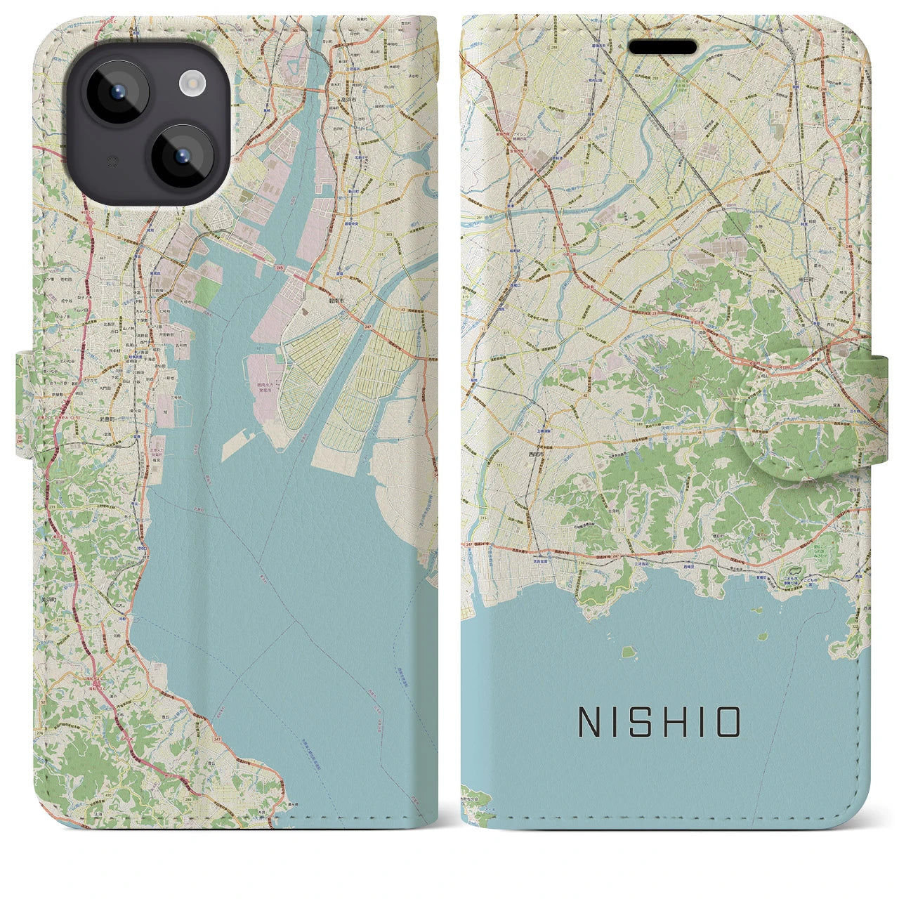 【西尾2(愛知県)】地図柄iPhoneケース(手帳タイプ)ナチュラル・iPhone 14 Plus 用