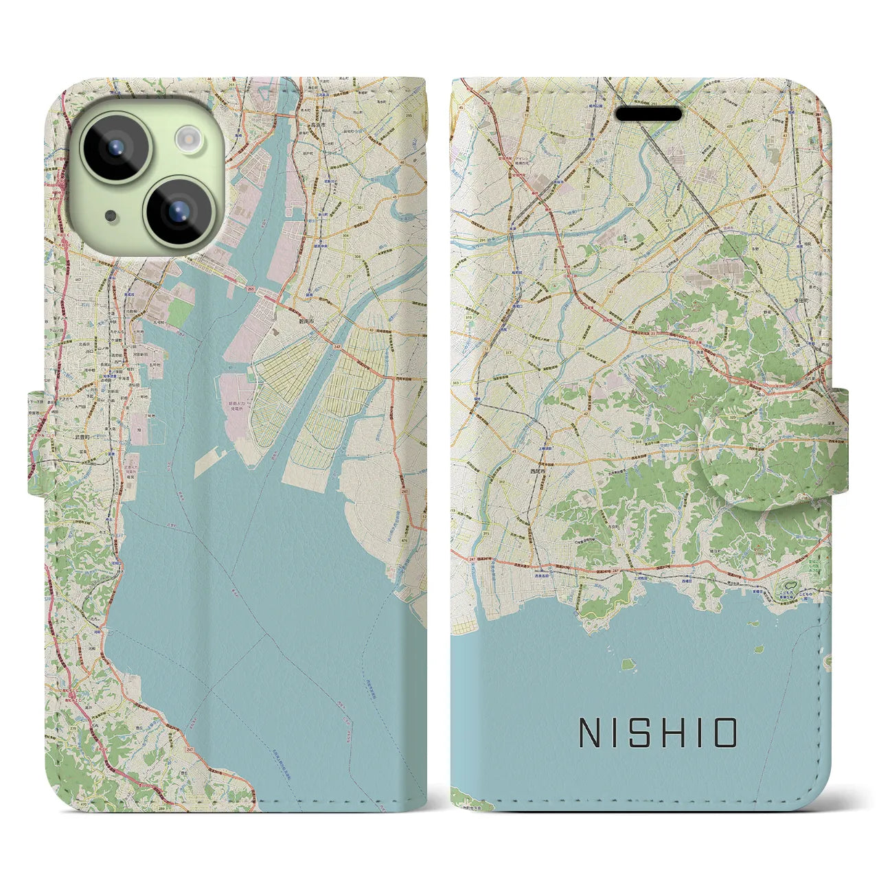 【西尾2(愛知県)】地図柄iPhoneケース(手帳タイプ)ナチュラル・iPhone 15 用