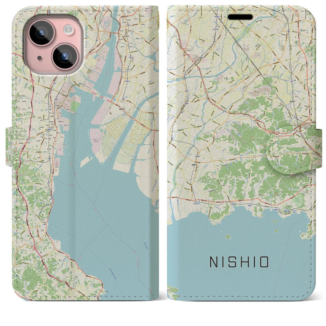 【西尾2(愛知県)】地図柄iPhoneケース(手帳タイプ)ナチュラル・iPhone 15 Plus 用