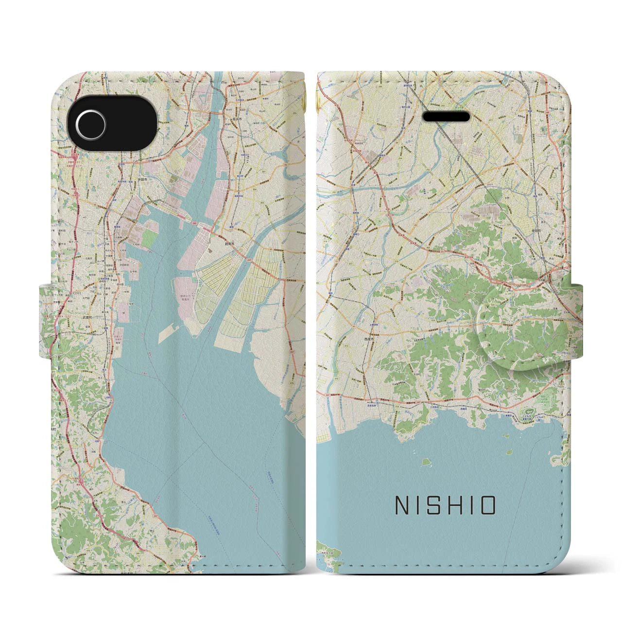 【西尾2(愛知県)】地図柄iPhoneケース(手帳タイプ)ナチュラル・iPhone SE(第3 / 第2世代) / 8 / 7 / 6s / 6 用