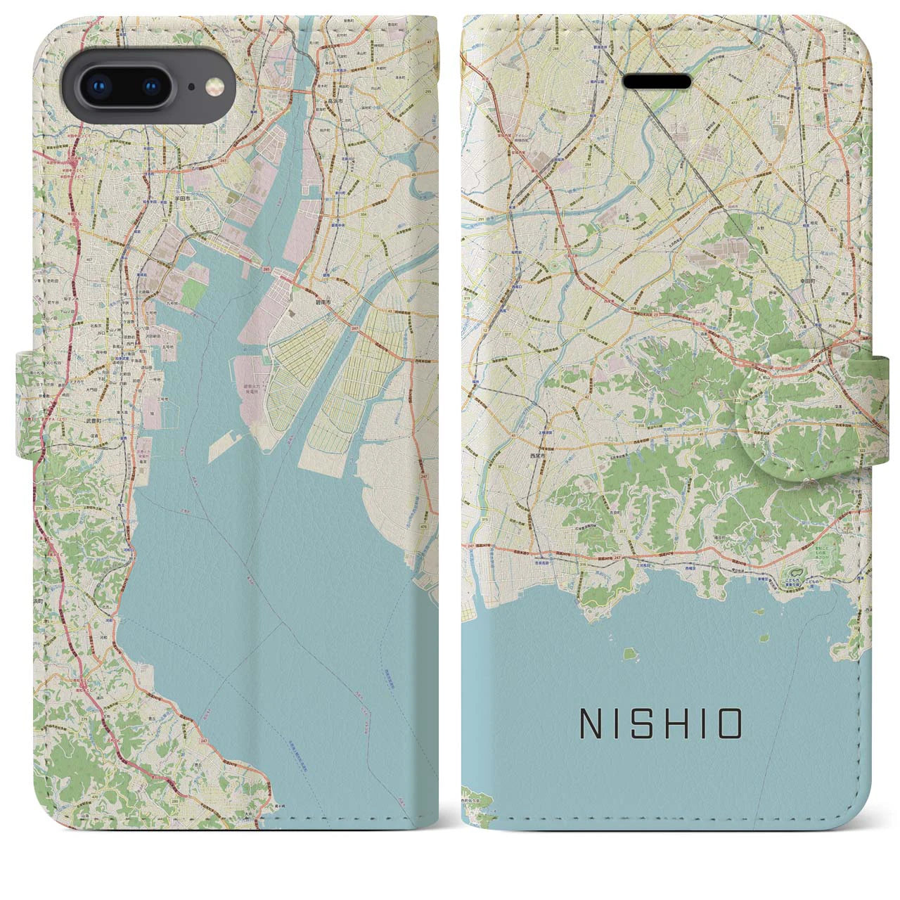 【西尾2(愛知県)】地図柄iPhoneケース(手帳タイプ)ナチュラル・iPhone 8Plus /7Plus / 6sPlus / 6Plus 用