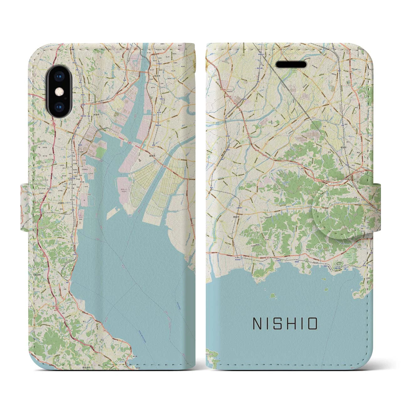 【西尾2(愛知県)】地図柄iPhoneケース(手帳タイプ)ナチュラル・iPhone XS / X 用