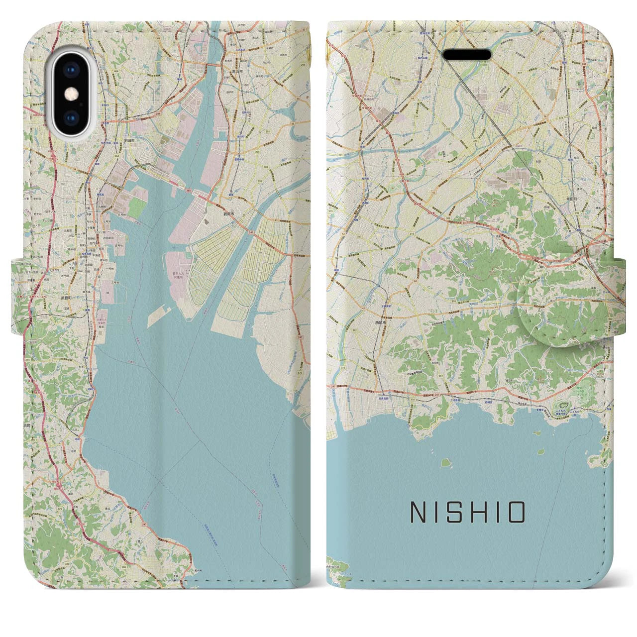 【西尾2(愛知県)】地図柄iPhoneケース(手帳タイプ)ナチュラル・iPhone XS Max 用