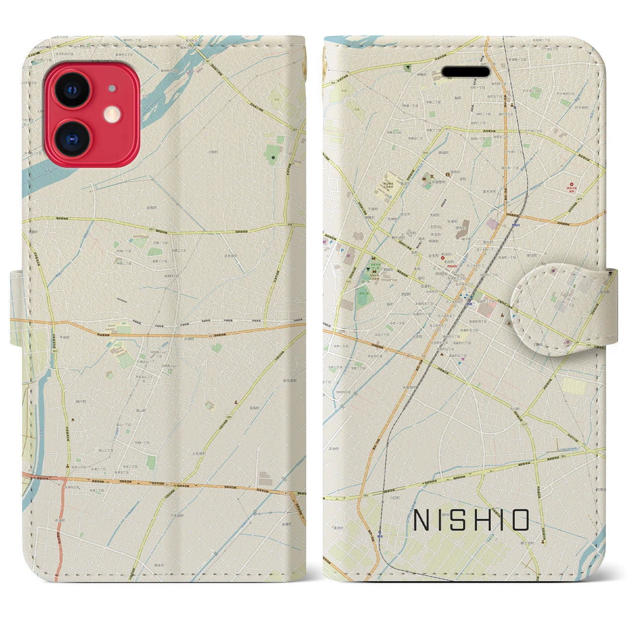 【西尾(愛知県)】地図柄iPhoneケース(手帳タイプ)ナチュラル・iPhone 11 用