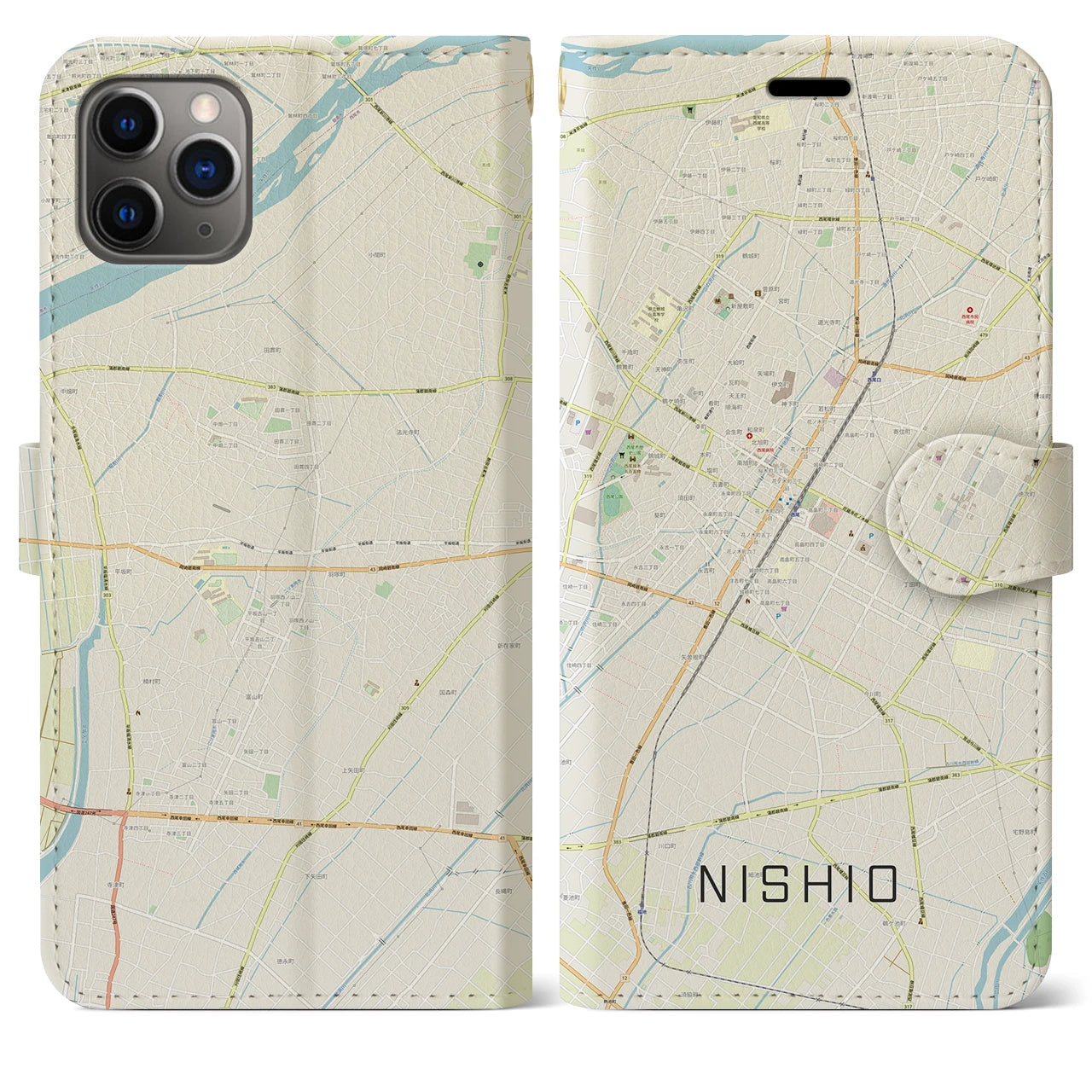 【西尾(愛知県)】地図柄iPhoneケース(手帳タイプ)ナチュラル・iPhone 11 Pro Max 用