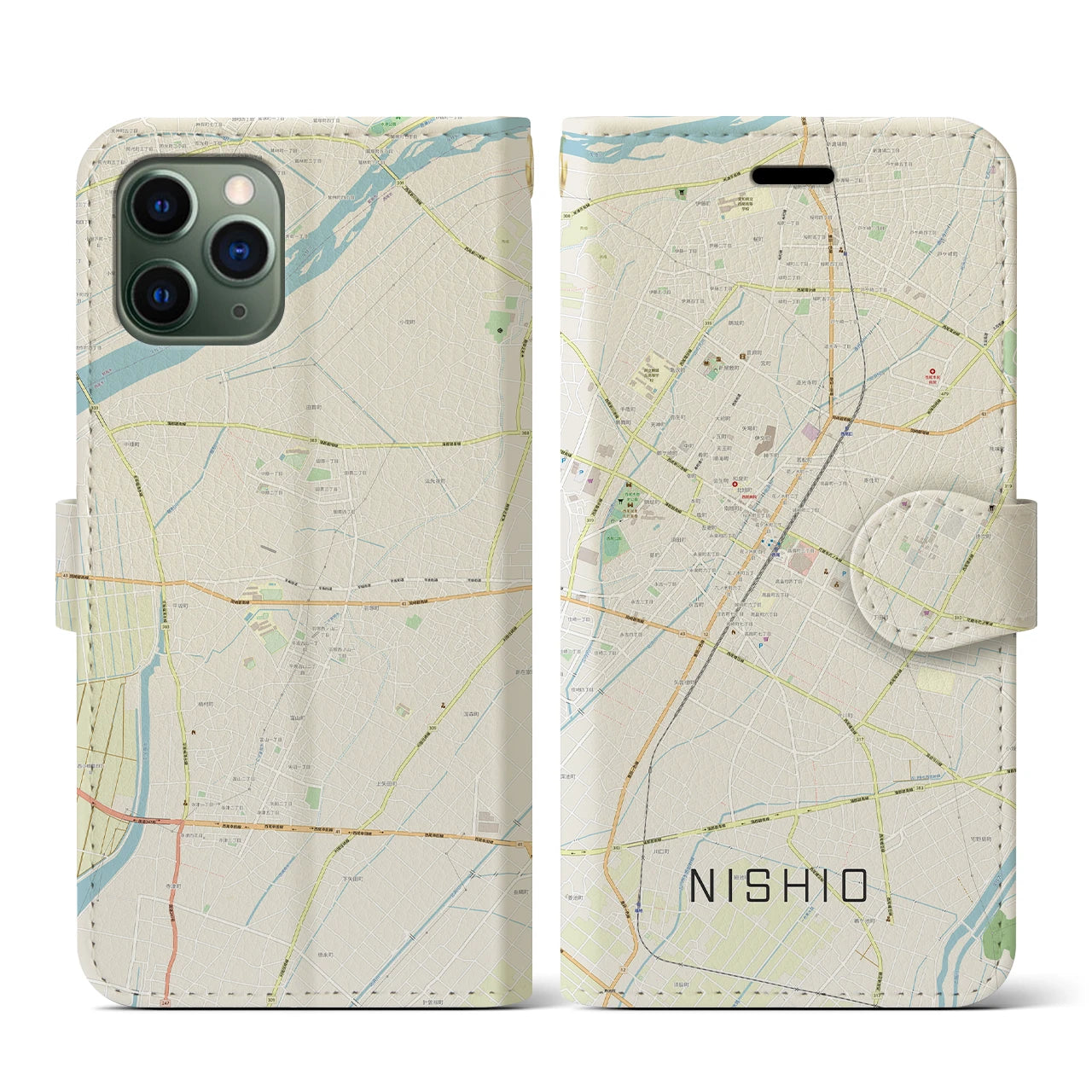 【西尾(愛知県)】地図柄iPhoneケース(手帳タイプ)ナチュラル・iPhone 11 Pro 用