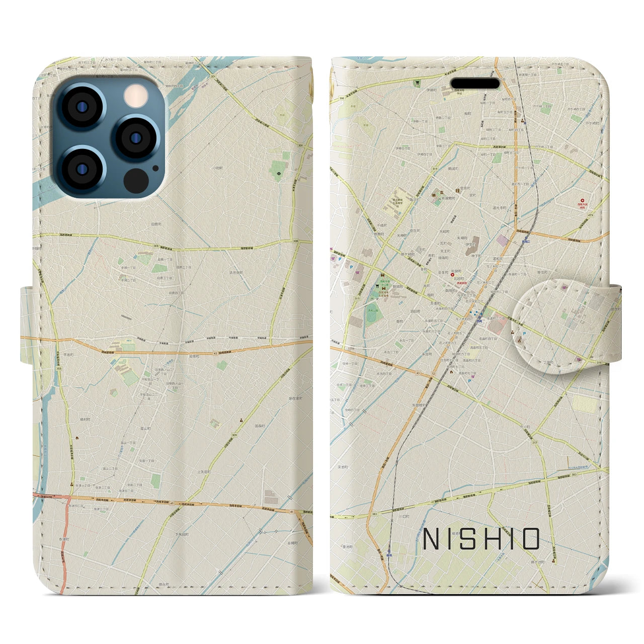 【西尾(愛知県)】地図柄iPhoneケース(手帳タイプ)ナチュラル・iPhone 12 / 12 Pro 用