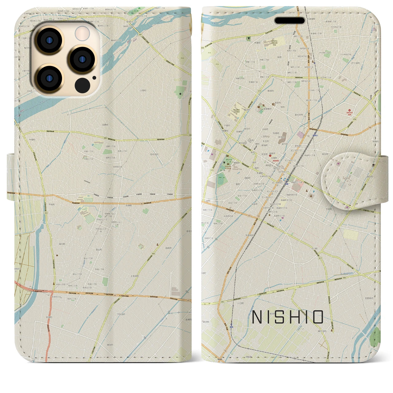 【西尾(愛知県)】地図柄iPhoneケース(手帳タイプ)ナチュラル・iPhone 12 Pro Max 用