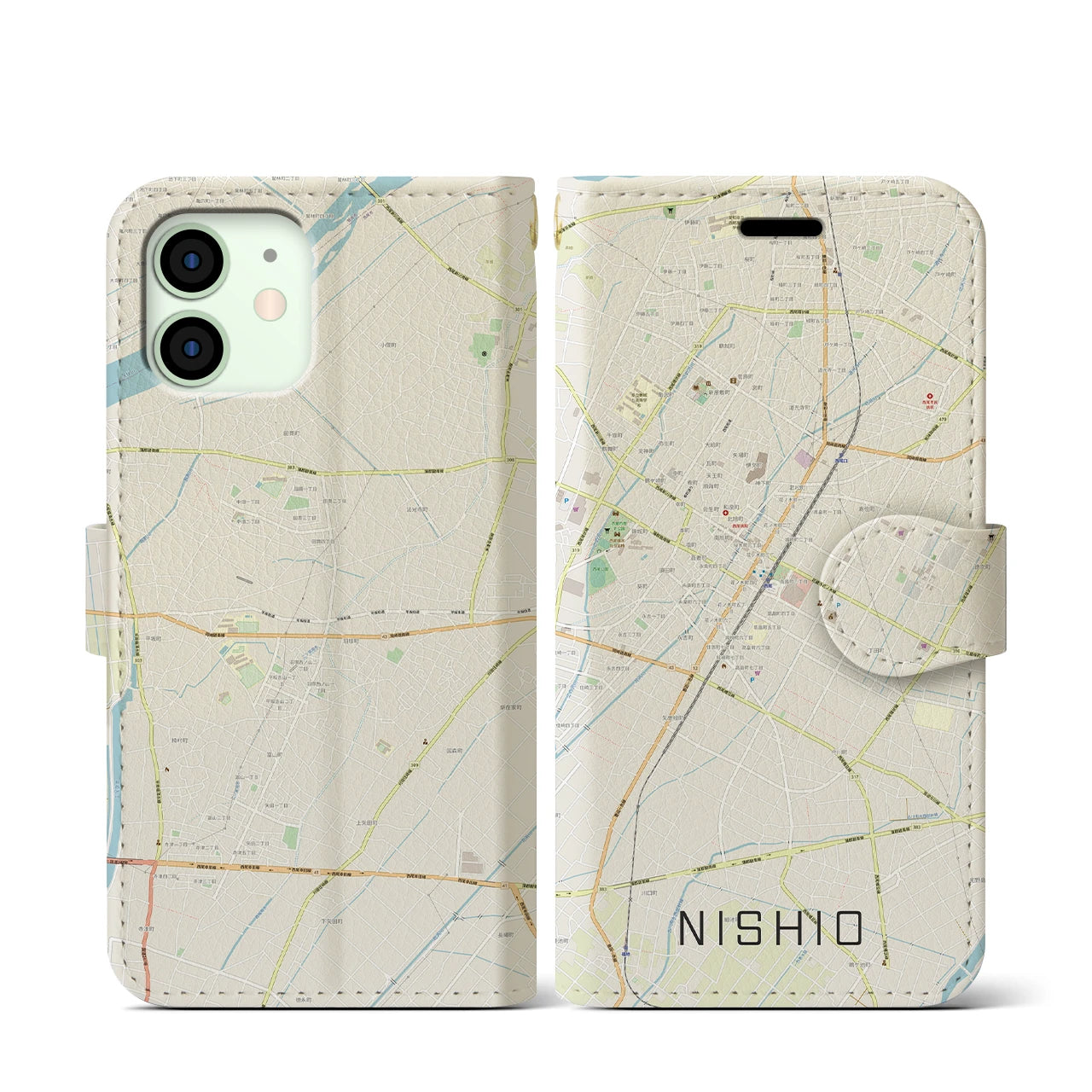 【西尾(愛知県)】地図柄iPhoneケース(手帳タイプ)ナチュラル・iPhone 12 mini 用