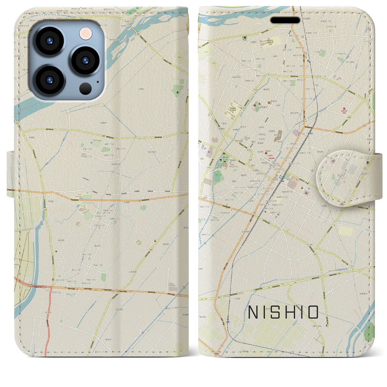 【西尾(愛知県)】地図柄iPhoneケース(手帳タイプ)ナチュラル・iPhone 13 Pro Max 用