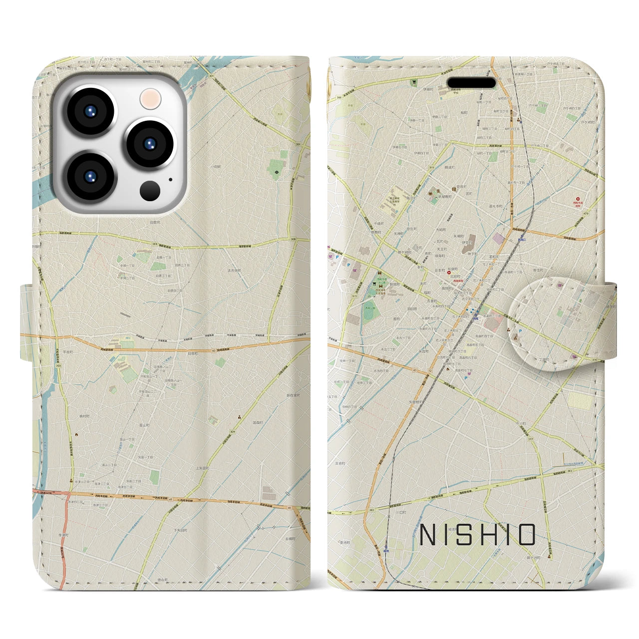 【西尾(愛知県)】地図柄iPhoneケース(手帳タイプ)ナチュラル・iPhone 13 Pro 用