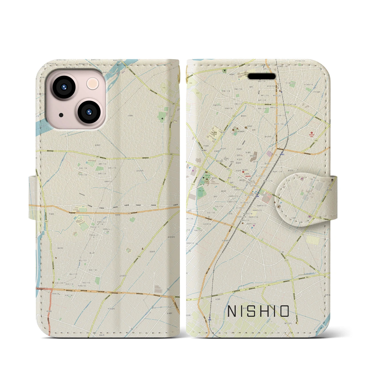 【西尾(愛知県)】地図柄iPhoneケース(手帳タイプ)ナチュラル・iPhone 13 mini 用
