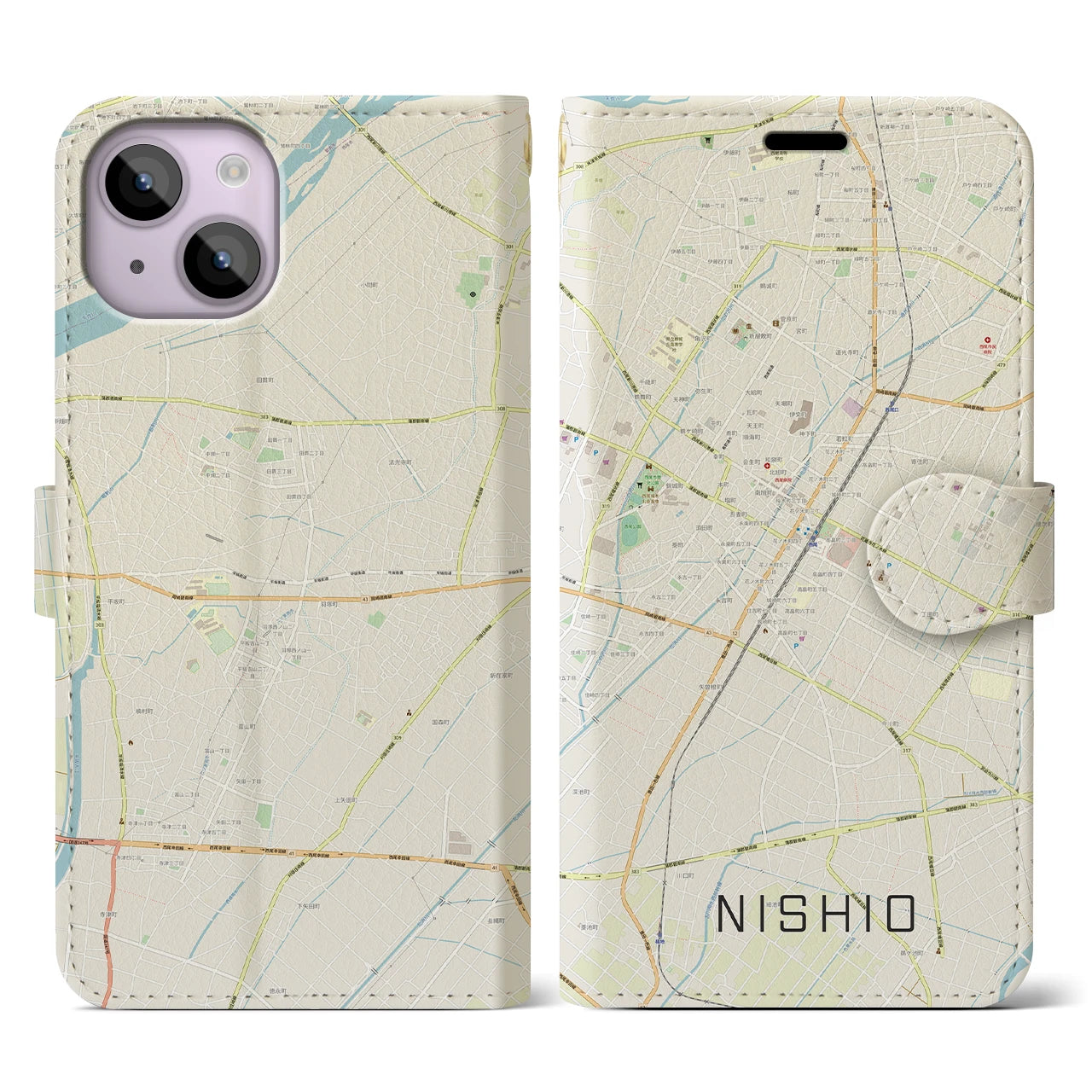 【西尾(愛知県)】地図柄iPhoneケース(手帳タイプ)ナチュラル・iPhone 14 用