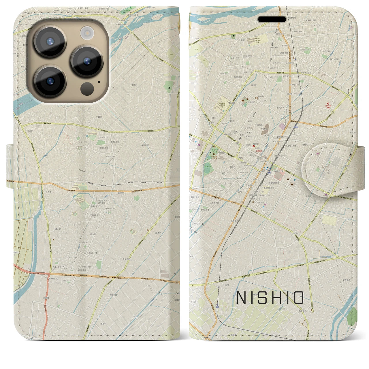 【西尾(愛知県)】地図柄iPhoneケース(手帳タイプ)ナチュラル・iPhone 14 Pro Max 用