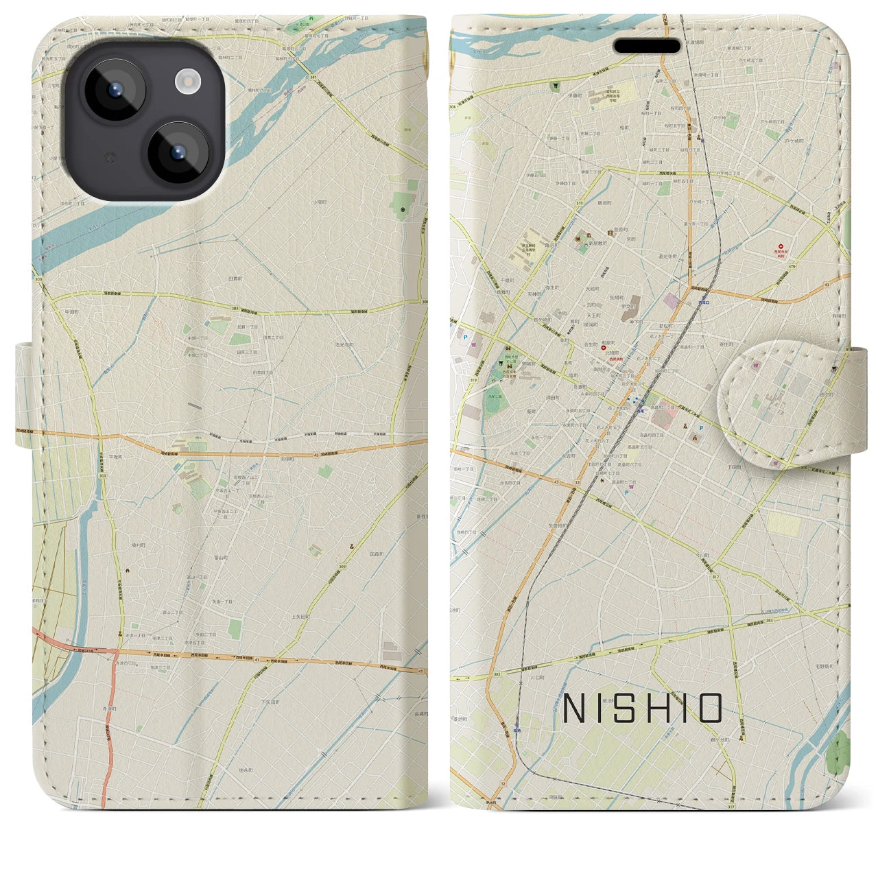 【西尾(愛知県)】地図柄iPhoneケース(手帳タイプ)ナチュラル・iPhone 14 Plus 用