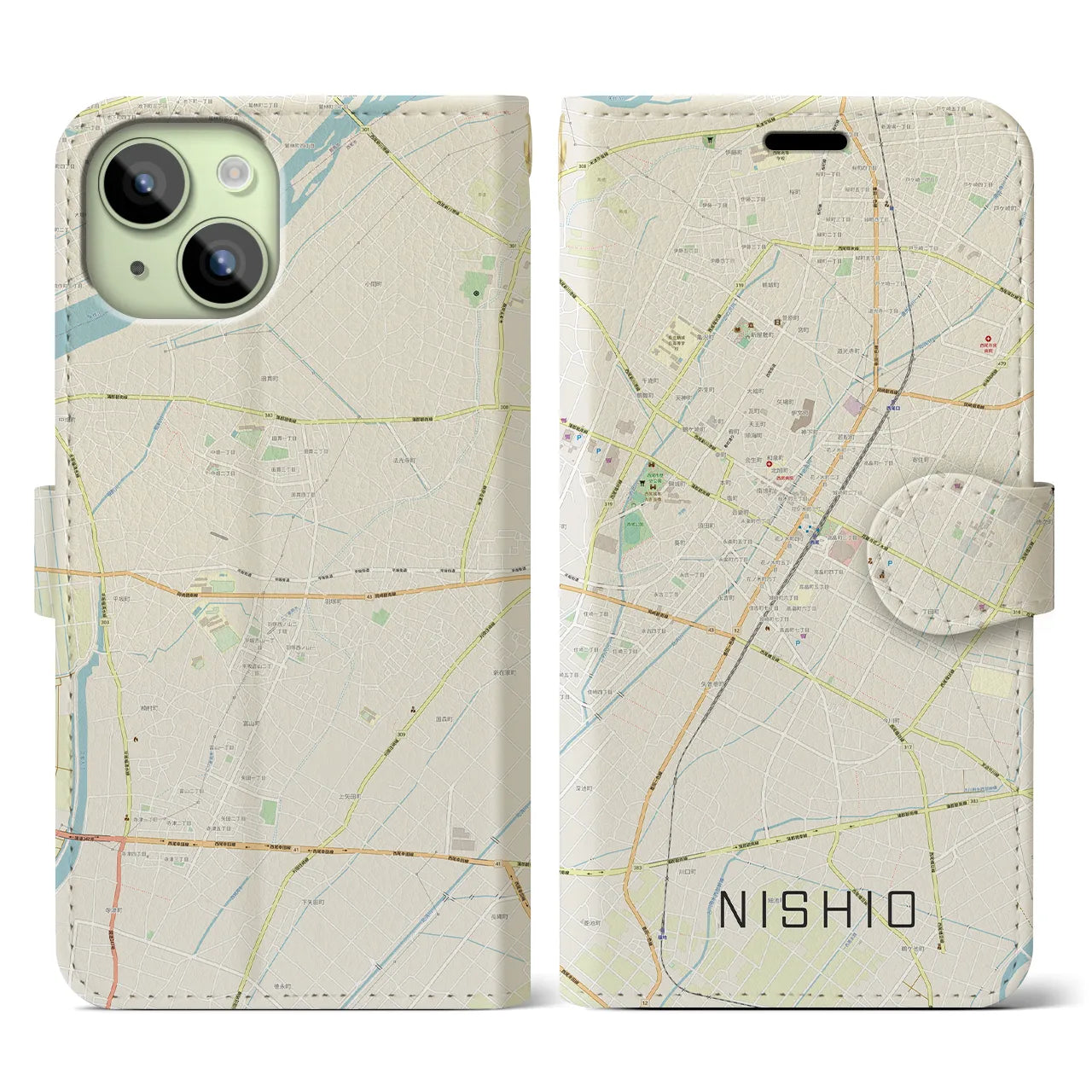 【西尾(愛知県)】地図柄iPhoneケース(手帳タイプ)ナチュラル・iPhone 15 用