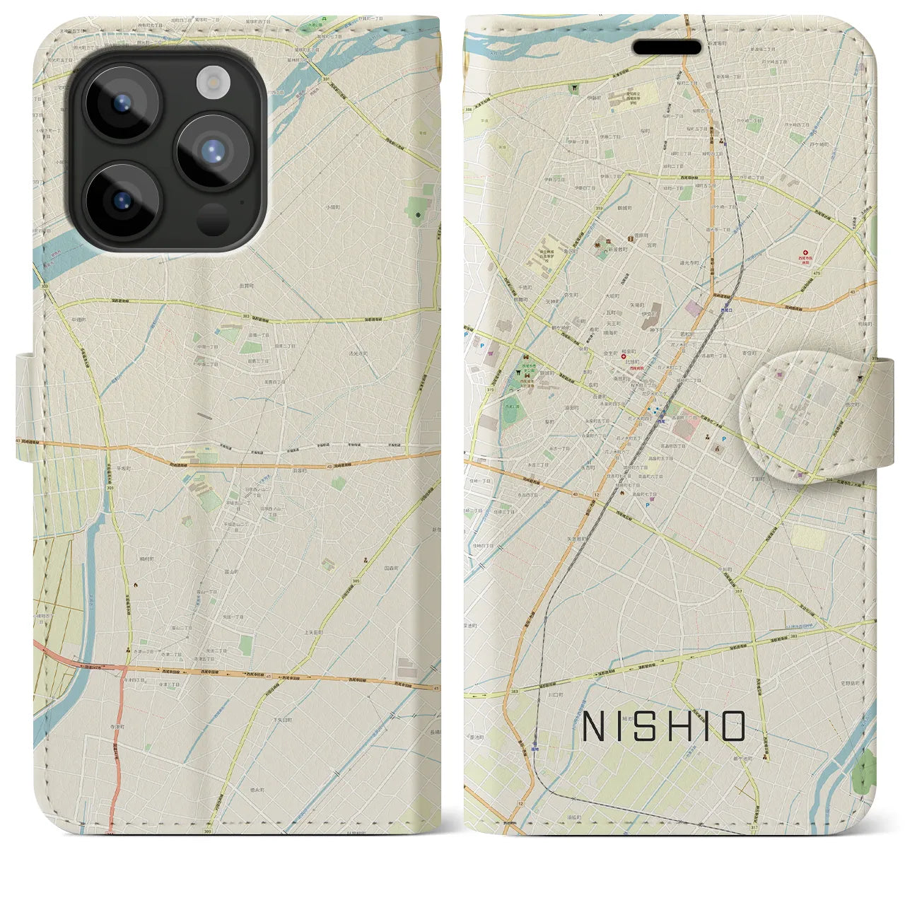 【西尾(愛知県)】地図柄iPhoneケース(手帳タイプ)ナチュラル・iPhone 15 Pro Max 用
