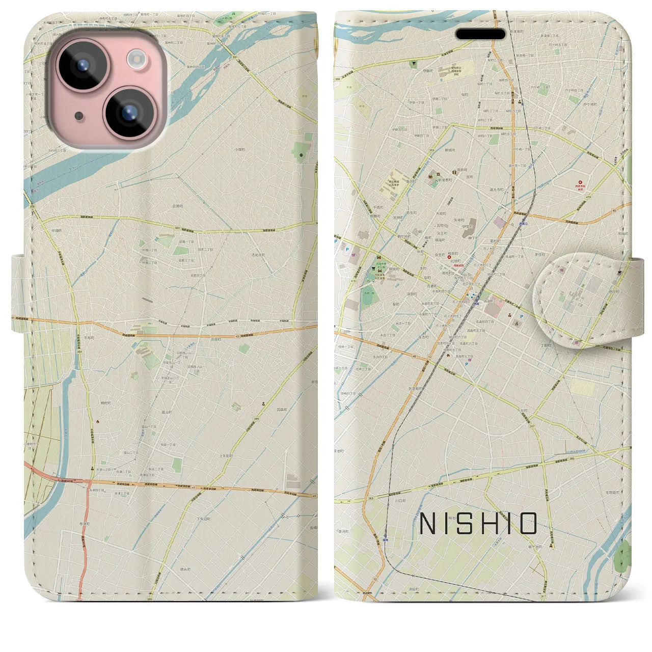 【西尾(愛知県)】地図柄iPhoneケース(手帳タイプ)ナチュラル・iPhone 15 Plus 用