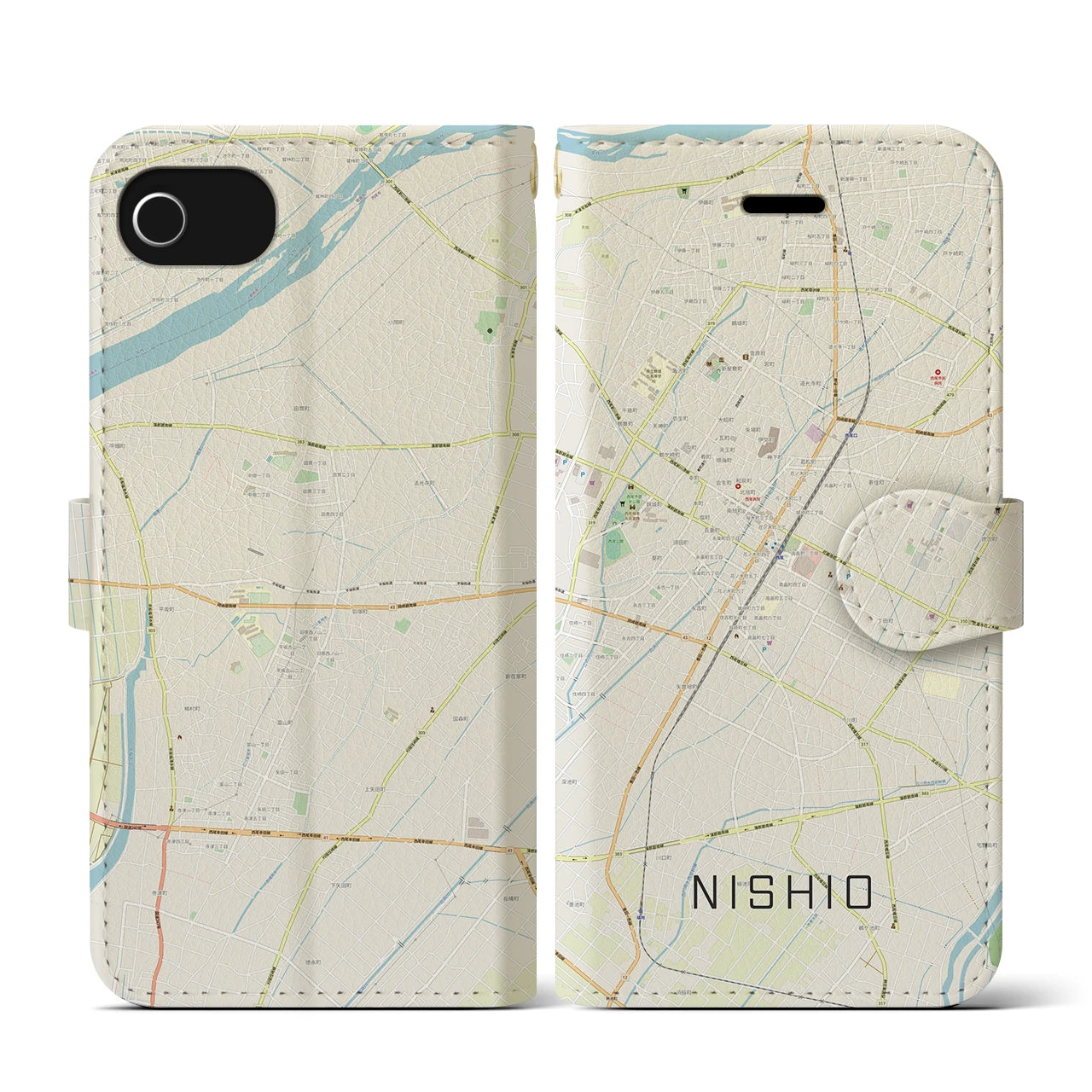 【西尾(愛知県)】地図柄iPhoneケース(手帳タイプ)ナチュラル・iPhone SE(第3 / 第2世代) / 8 / 7 / 6s / 6 用