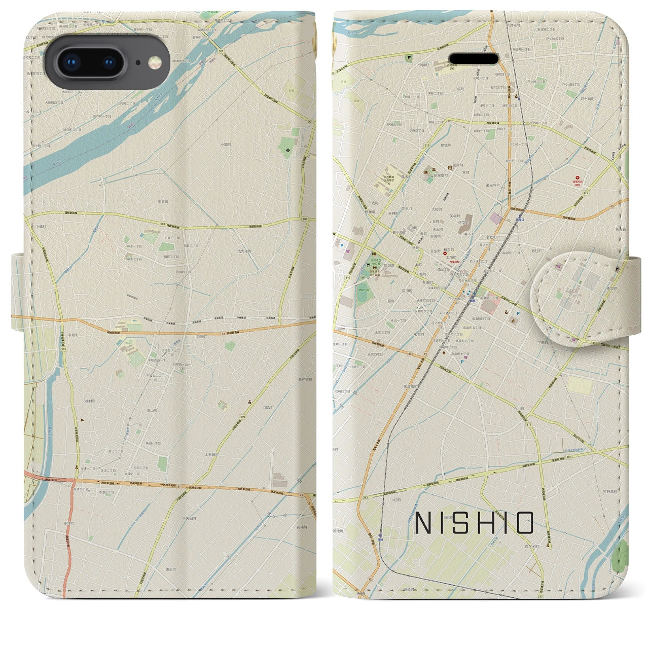 【西尾(愛知県)】地図柄iPhoneケース(手帳タイプ)ナチュラル・iPhone 8Plus /7Plus / 6sPlus / 6Plus 用
