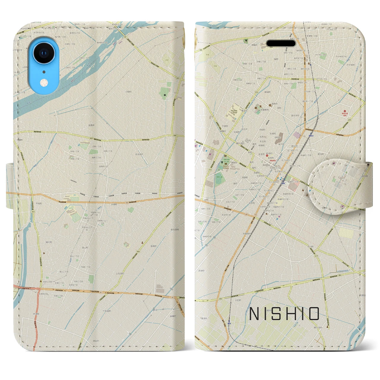 【西尾(愛知県)】地図柄iPhoneケース(手帳タイプ)ナチュラル・iPhone XR 用