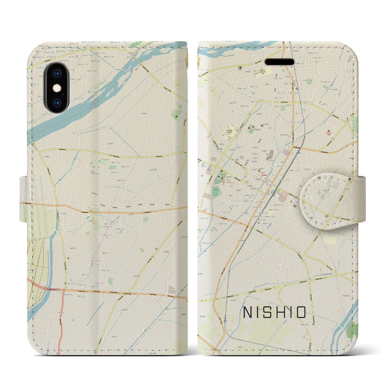【西尾(愛知県)】地図柄iPhoneケース(手帳タイプ)ナチュラル・iPhone XS / X 用