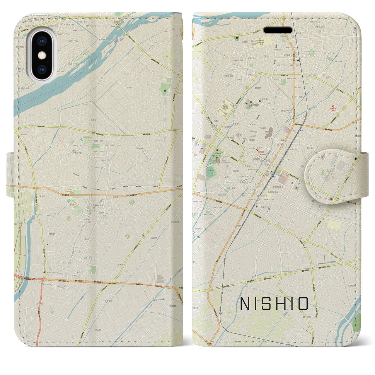 【西尾(愛知県)】地図柄iPhoneケース(手帳タイプ)ナチュラル・iPhone XS Max 用