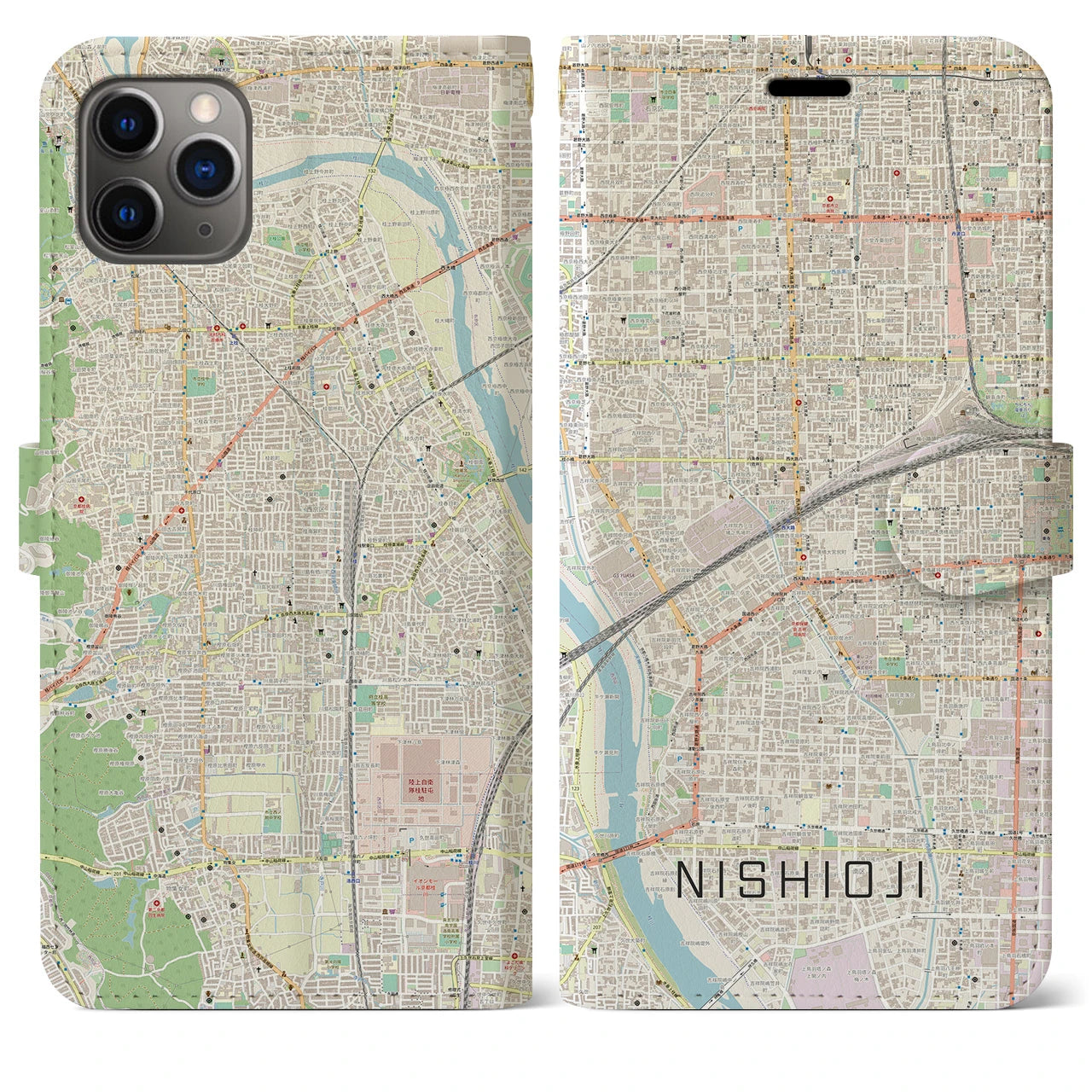 【西大路(京都府)】地図柄iPhoneケース(手帳タイプ)ナチュラル・iPhone 11 Pro Max 用