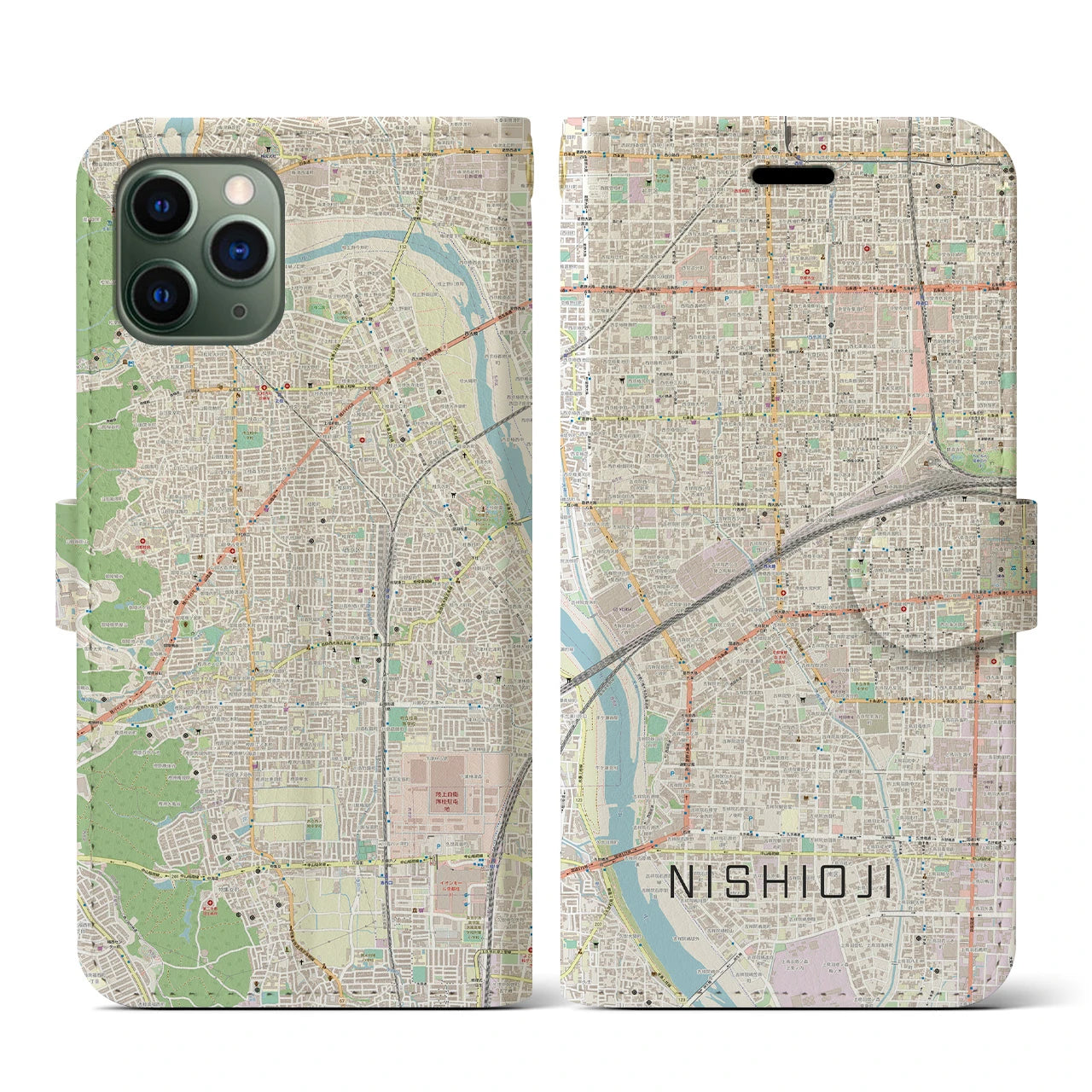 【西大路(京都府)】地図柄iPhoneケース(手帳タイプ)ナチュラル・iPhone 11 Pro 用