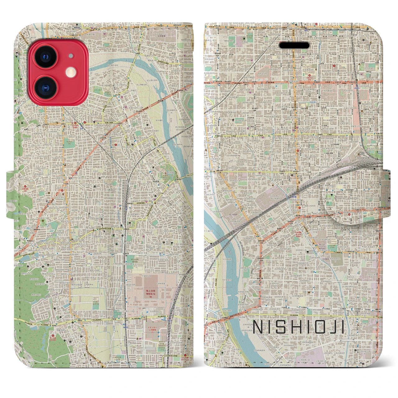 【西大路(京都府)】地図柄iPhoneケース(手帳タイプ)ナチュラル・iPhone 11 用