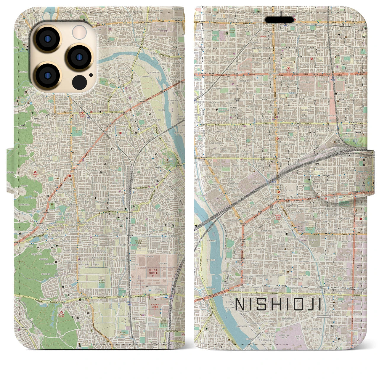 【西大路(京都府)】地図柄iPhoneケース(手帳タイプ)ナチュラル・iPhone 12 Pro Max 用
