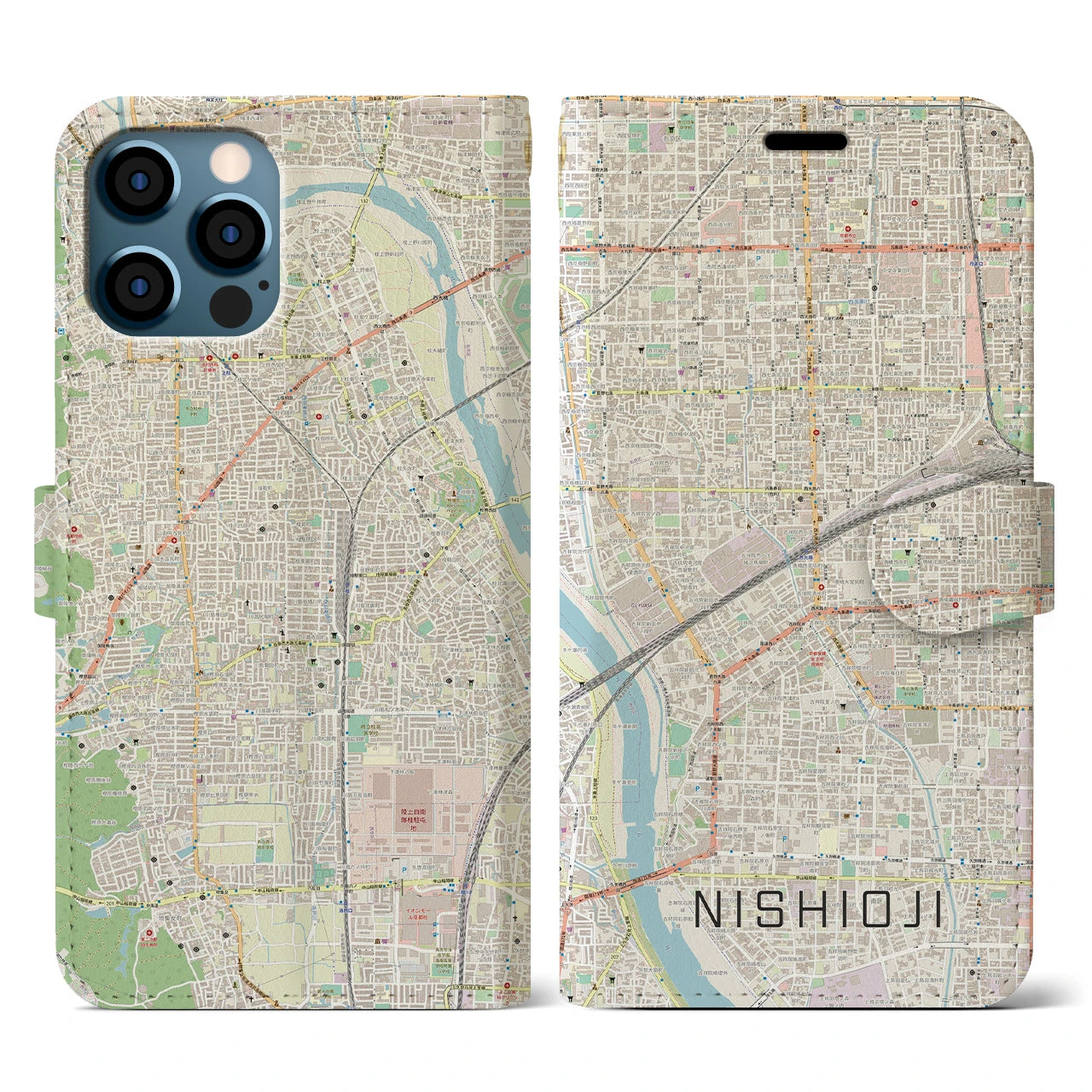 【西大路(京都府)】地図柄iPhoneケース(手帳タイプ)ナチュラル・iPhone 12 / 12 Pro 用
