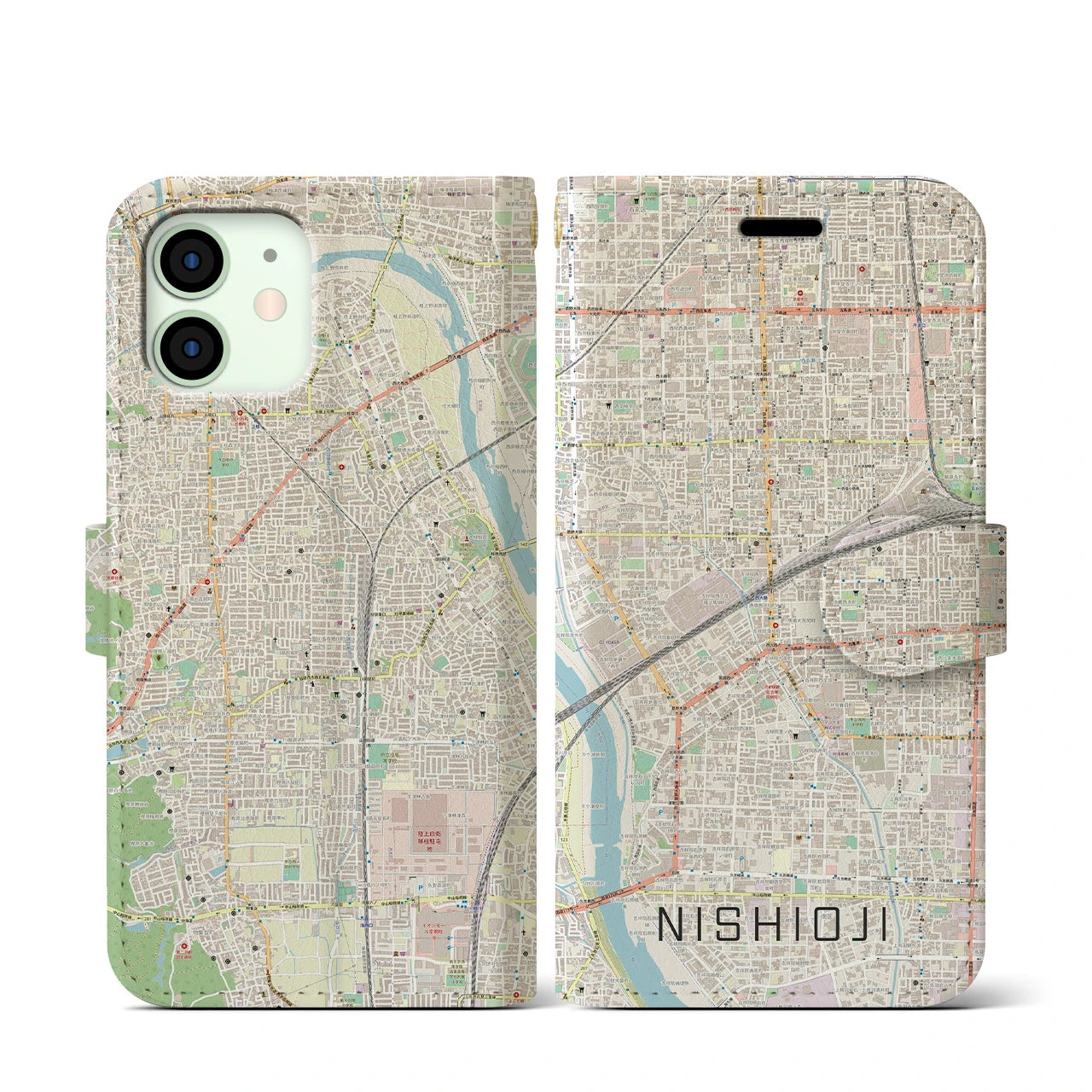 【西大路(京都府)】地図柄iPhoneケース(手帳タイプ)ナチュラル・iPhone 12 mini 用