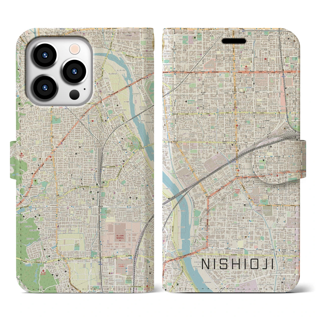 【西大路(京都府)】地図柄iPhoneケース(手帳タイプ)ナチュラル・iPhone 13 Pro 用