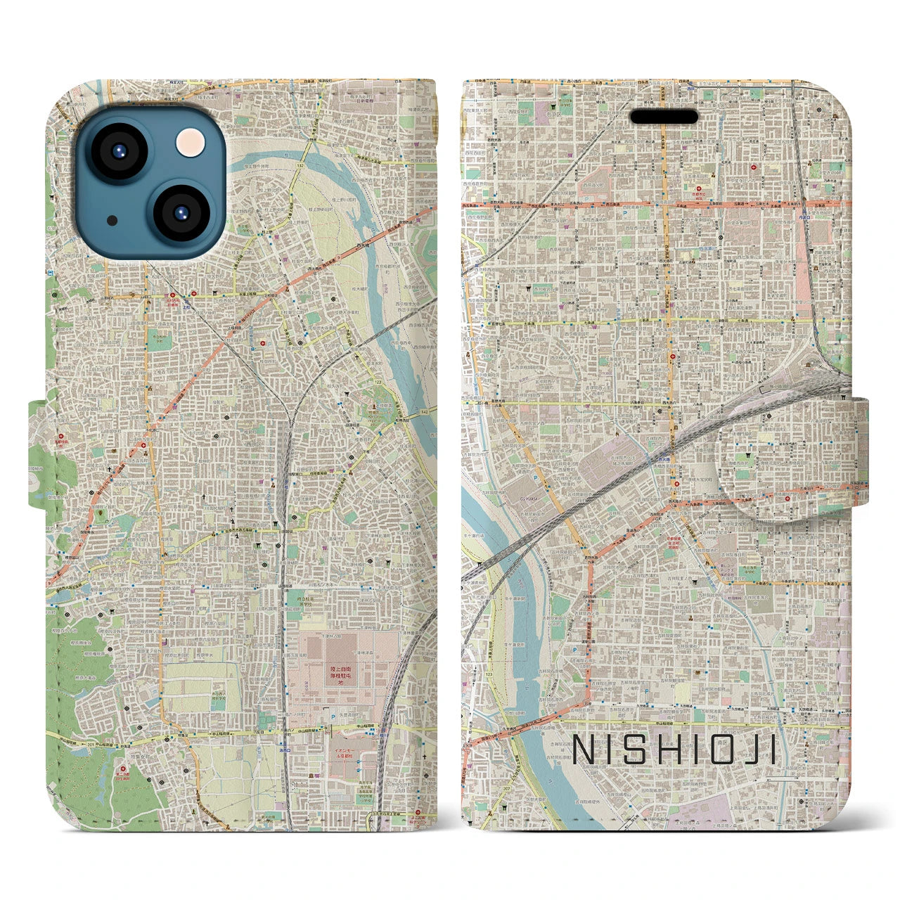 【西大路(京都府)】地図柄iPhoneケース(手帳タイプ)ナチュラル・iPhone 13 用
