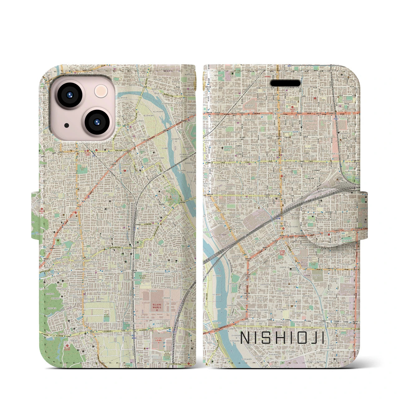 【西大路(京都府)】地図柄iPhoneケース(手帳タイプ)ナチュラル・iPhone 13 mini 用