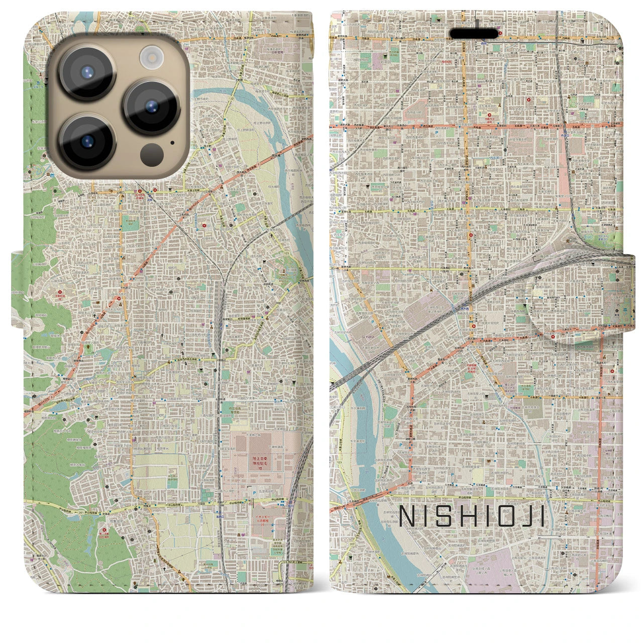 【西大路(京都府)】地図柄iPhoneケース(手帳タイプ)ナチュラル・iPhone 14 Pro Max 用