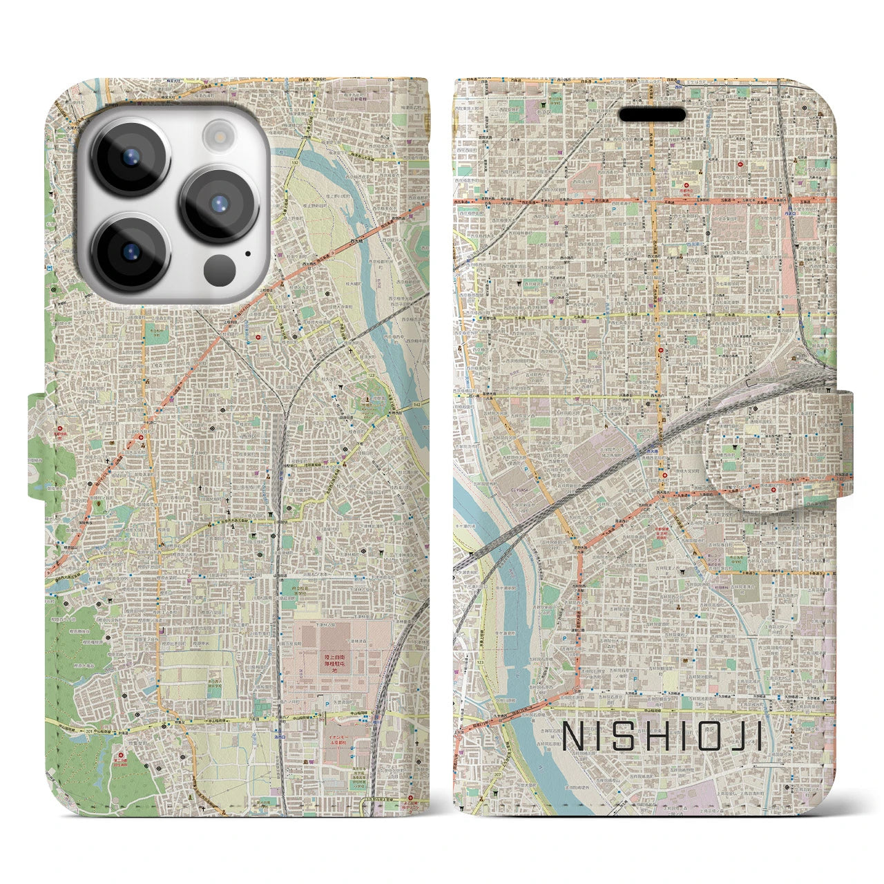 【西大路(京都府)】地図柄iPhoneケース(手帳タイプ)ナチュラル・iPhone 14 Pro 用