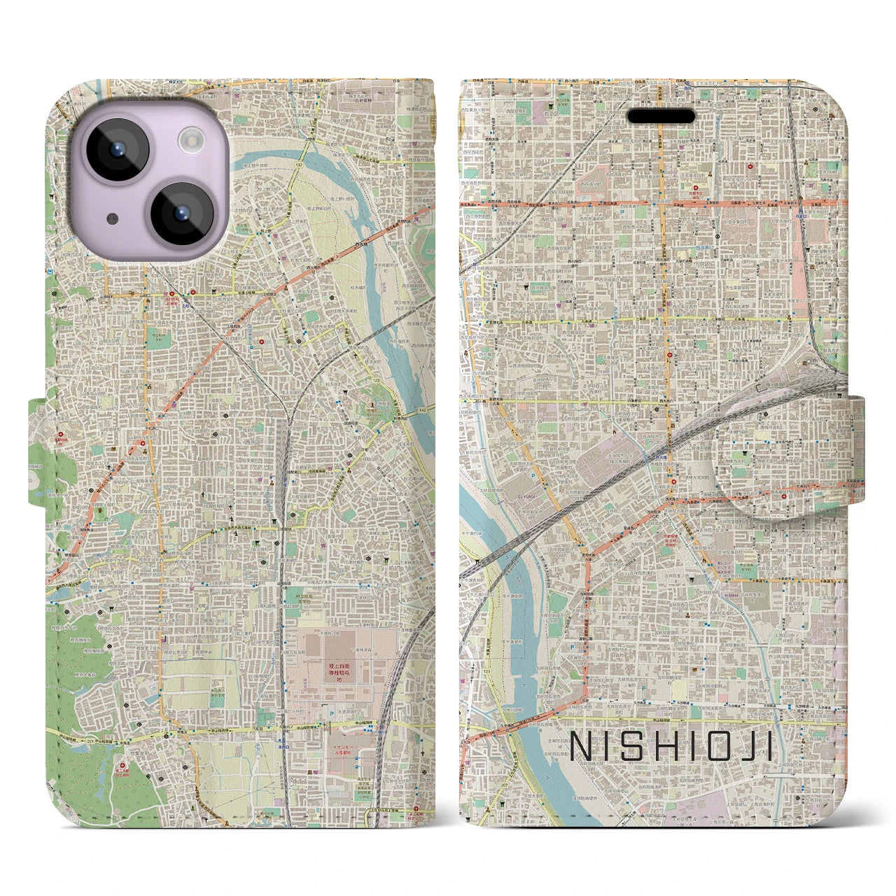 【西大路(京都府)】地図柄iPhoneケース(手帳タイプ)ナチュラル・iPhone 14 用