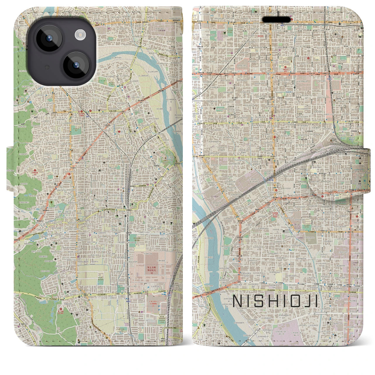 【西大路(京都府)】地図柄iPhoneケース(手帳タイプ)ナチュラル・iPhone 14 Plus 用
