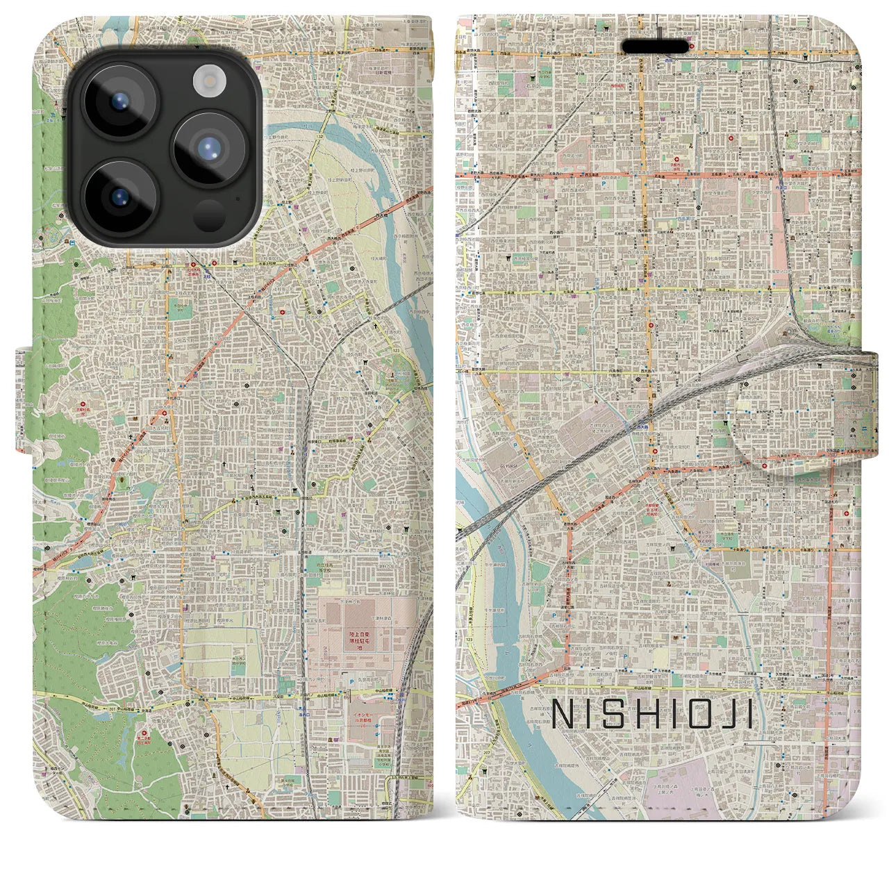 【西大路(京都府)】地図柄iPhoneケース(手帳タイプ)ナチュラル・iPhone 15 Pro Max 用