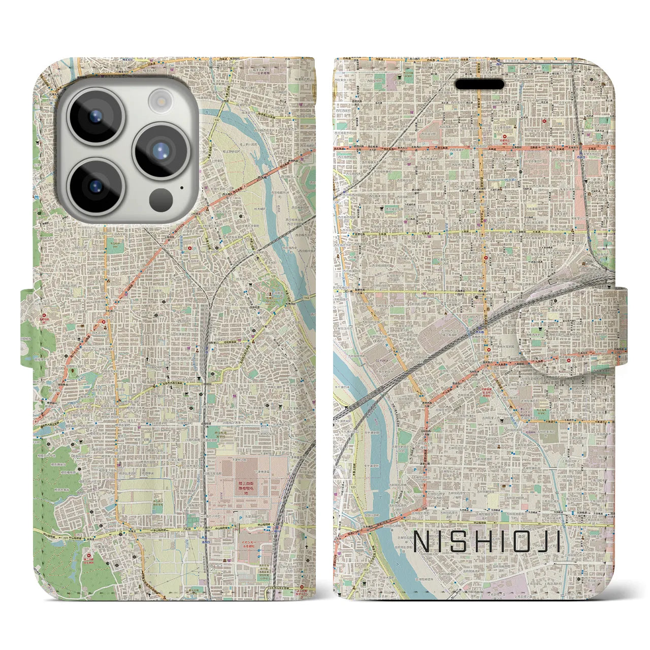 【西大路(京都府)】地図柄iPhoneケース(手帳タイプ)ナチュラル・iPhone 15 Pro 用