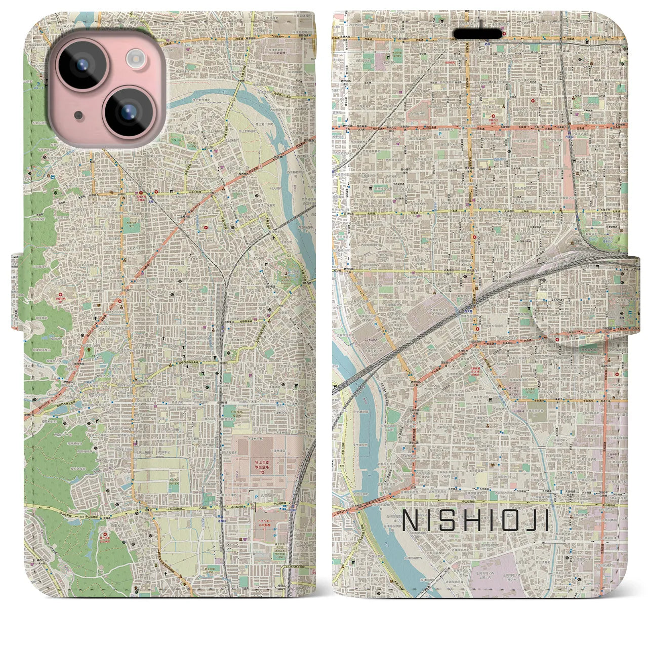 【西大路(京都府)】地図柄iPhoneケース(手帳タイプ)ナチュラル・iPhone 15 Plus 用