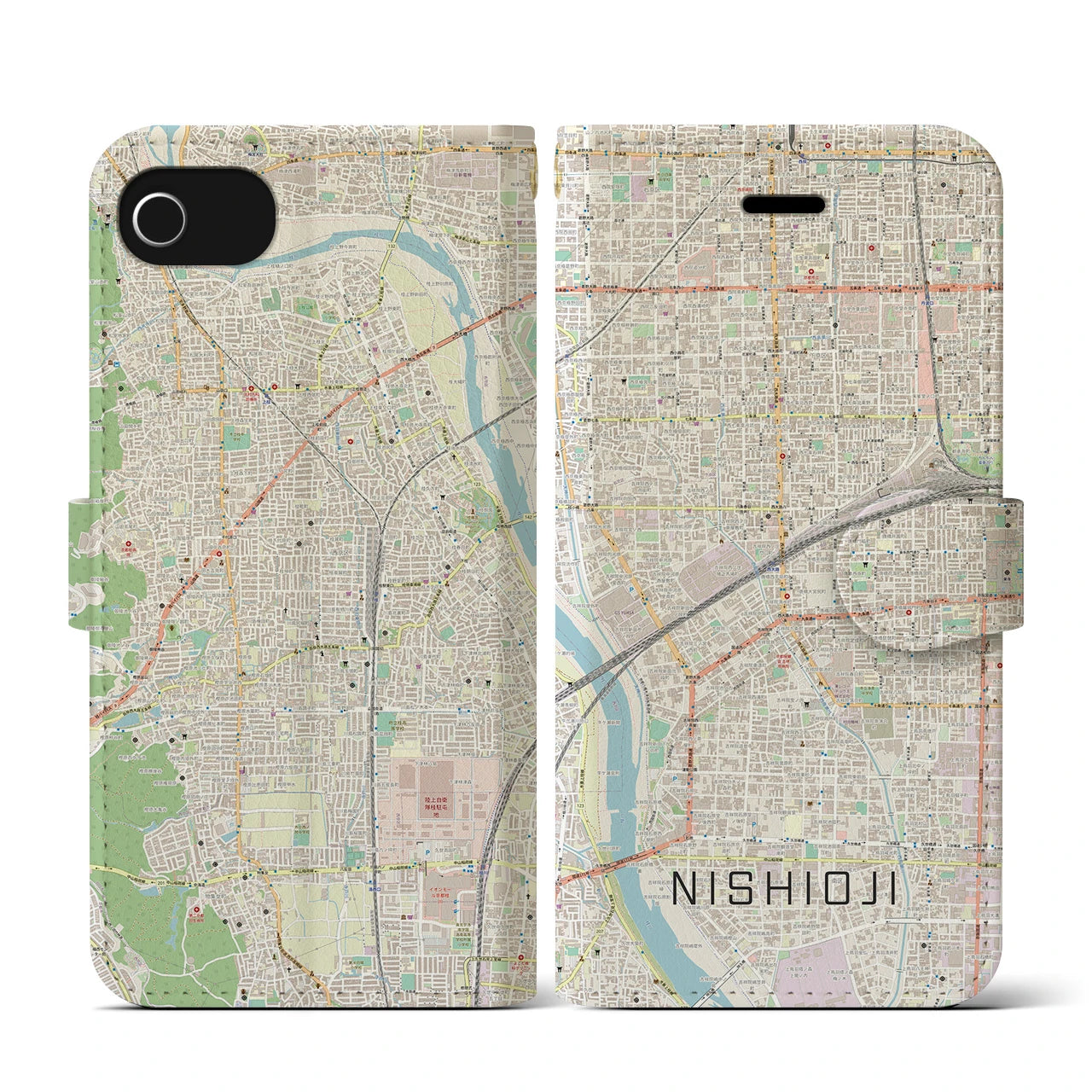 【西大路(京都府)】地図柄iPhoneケース(手帳タイプ)ナチュラル・iPhone SE(第3 / 第2世代) / 8 / 7 / 6s / 6 用