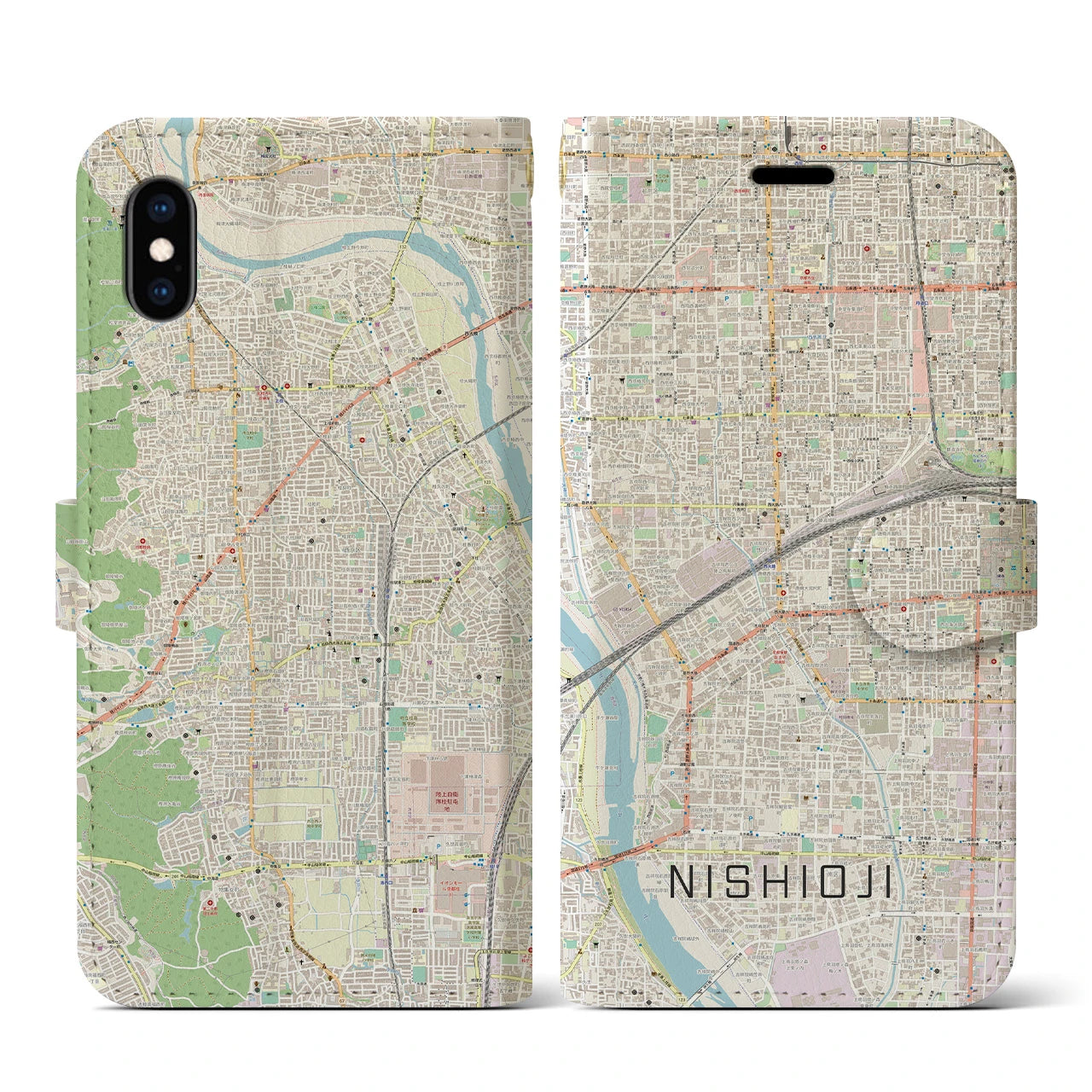 【西大路(京都府)】地図柄iPhoneケース(手帳タイプ)ナチュラル・iPhone XS / X 用
