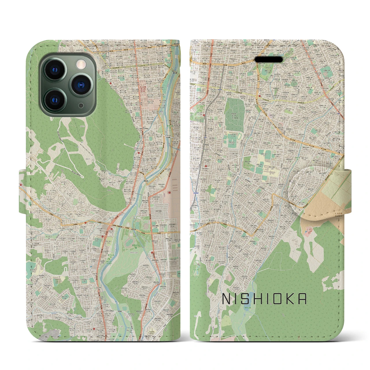 【西岡(北海道)】地図柄iPhoneケース(手帳タイプ)ナチュラル・iPhone 11 Pro 用