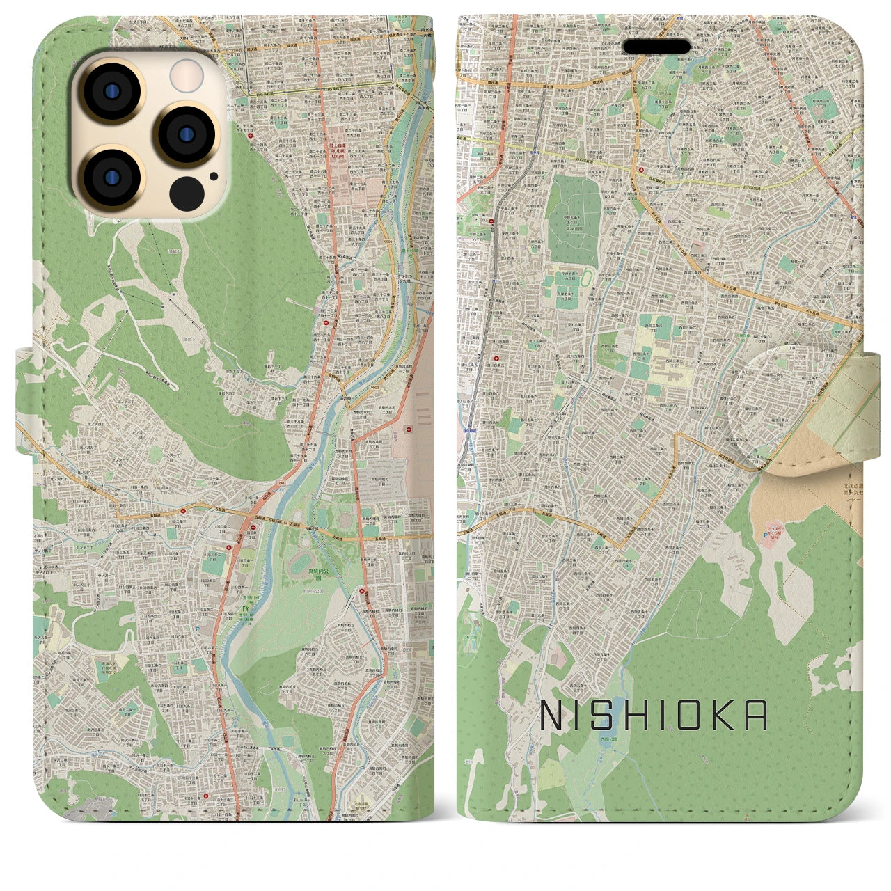 【西岡(北海道)】地図柄iPhoneケース(手帳タイプ)ナチュラル・iPhone 12 Pro Max 用